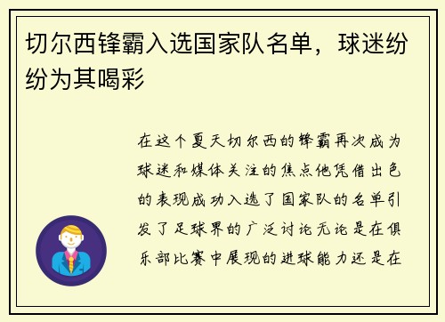 切尔西锋霸入选国家队名单，球迷纷纷为其喝彩